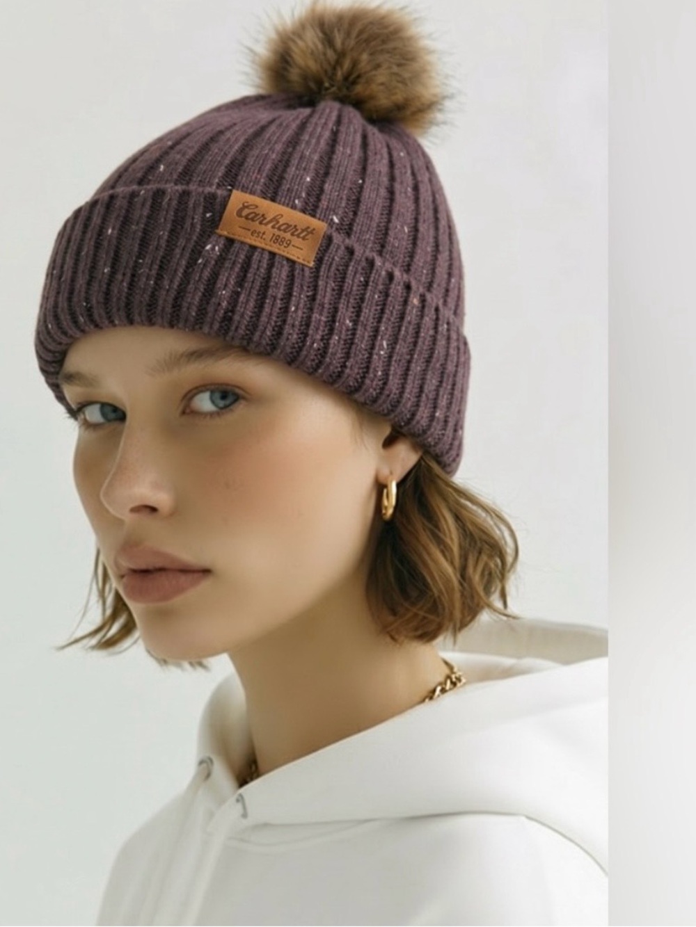 Carhartt Women's Ribbed Wool Pom Beanie in Plum with Faux Fur Pom